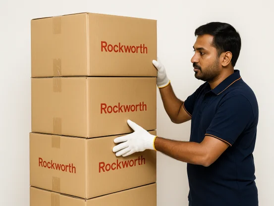 Quality assurance worker handling Rockworth boxes
