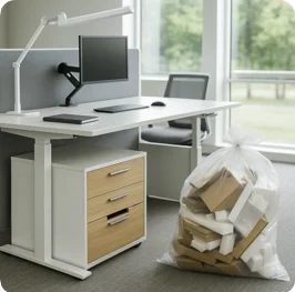 Office desk with a bag of waste materials, representing circular design and waste return.
