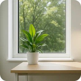 Potted plant on a desk next to a window, representing low-VOC finishes and natural daylight.