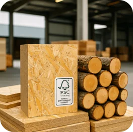 Wooden boards and logs with an FSC certification sticker, representing recycled content and local sourcing.